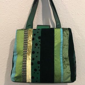 Green beaded and striped fabric purse